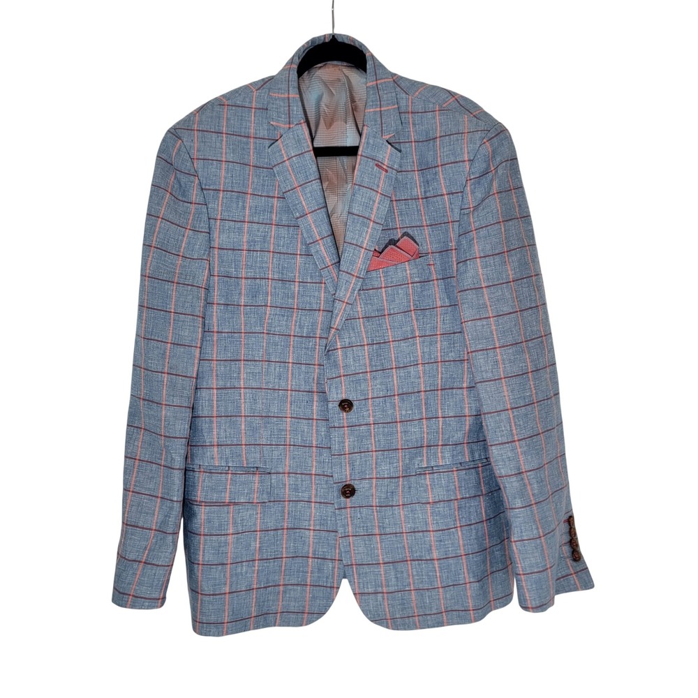Vermonti Milan Linen Tailored Fit Windowpane Plaid Sport Coat Blazer Blue 42R
